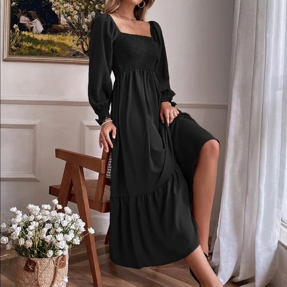 Boho black shirted ruffle hem flounce sleeve maxi dress - Picture 15 of 16